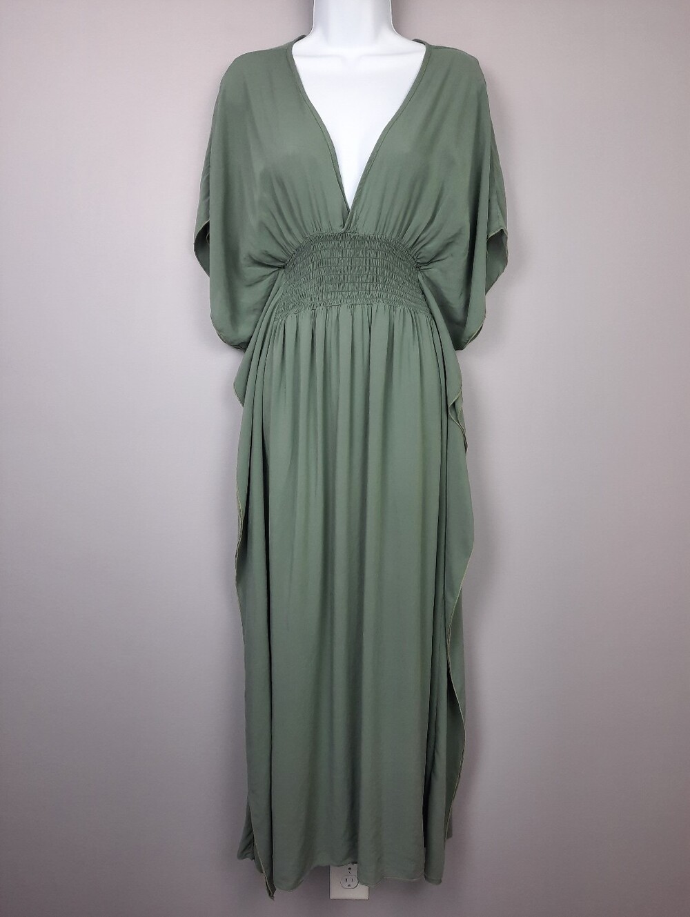 Elan Green Open Back Plunge V-neck Lightweight Swim Cover Up Maxi Dress Medium